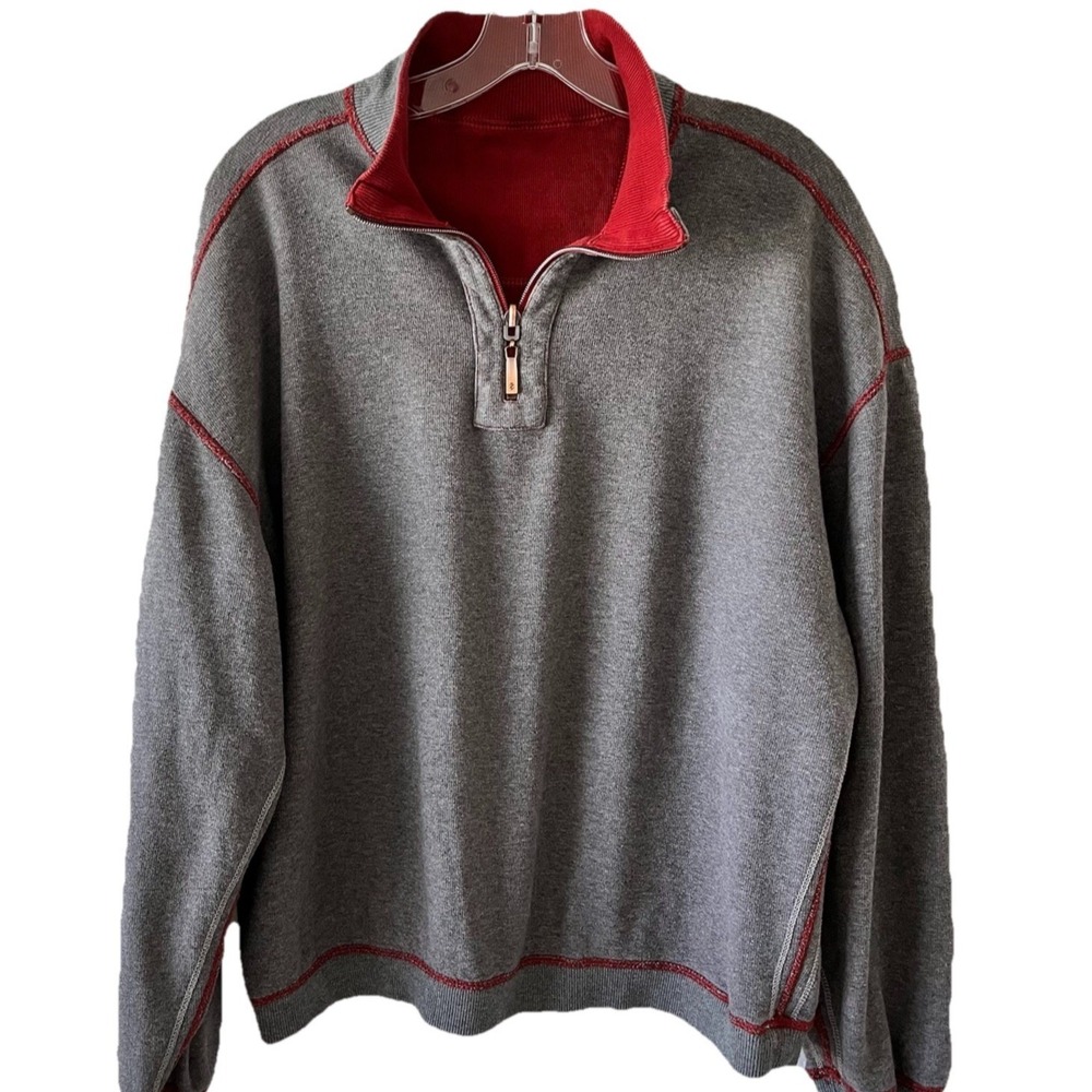 IZOD Mens Sweater Sz L Red Gray Reversible 1/4 Zip Mock Neck Pullover Sweatshirt